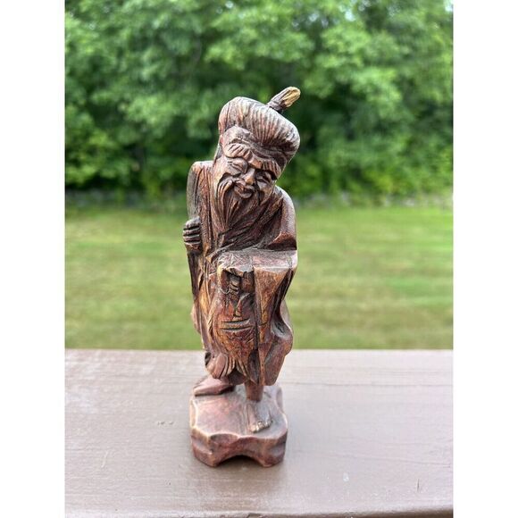 Vintage Antique Chinese Taiwan Carved Wood Male Statue Figurine Netsuke - Picture 2 of 11